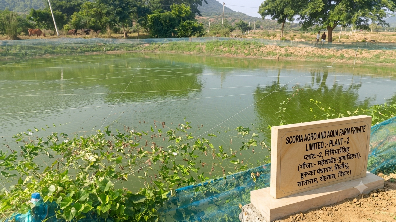 Scoria Agro and Aqua Farm Plant 2 fish pond with signboard, Nimiyadih, Rohtas