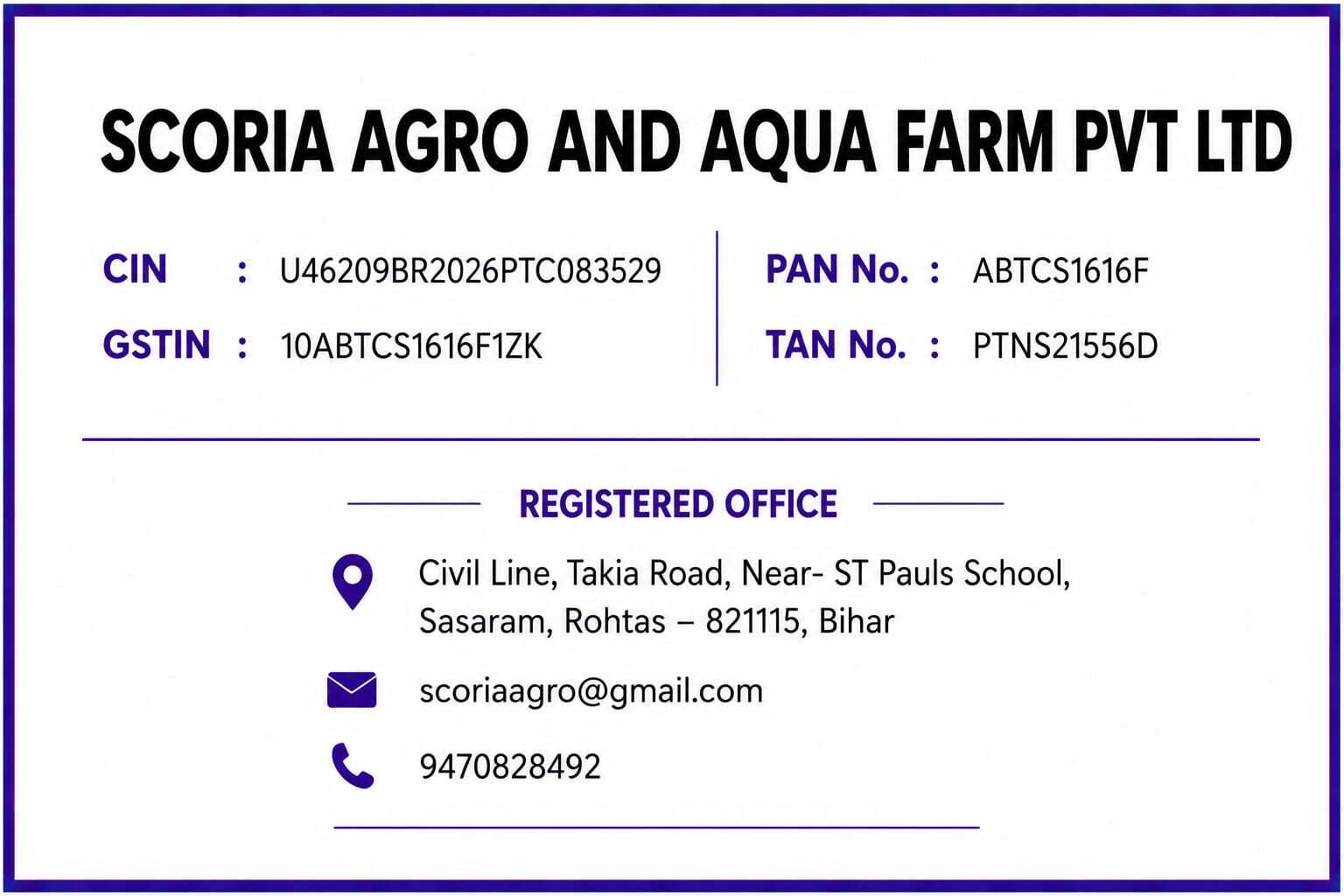 Scoria Agro and Aqua Farm Pvt. Ltd. registered office details, Civil Lines, Sasaram